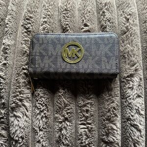 Michael Kors Dark Brown MK Logo Zip Wallet with Gold Emblem